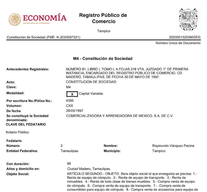 Acta de Constitución de Sociedad de CAMSA. Foto: Captura de pantalla. 