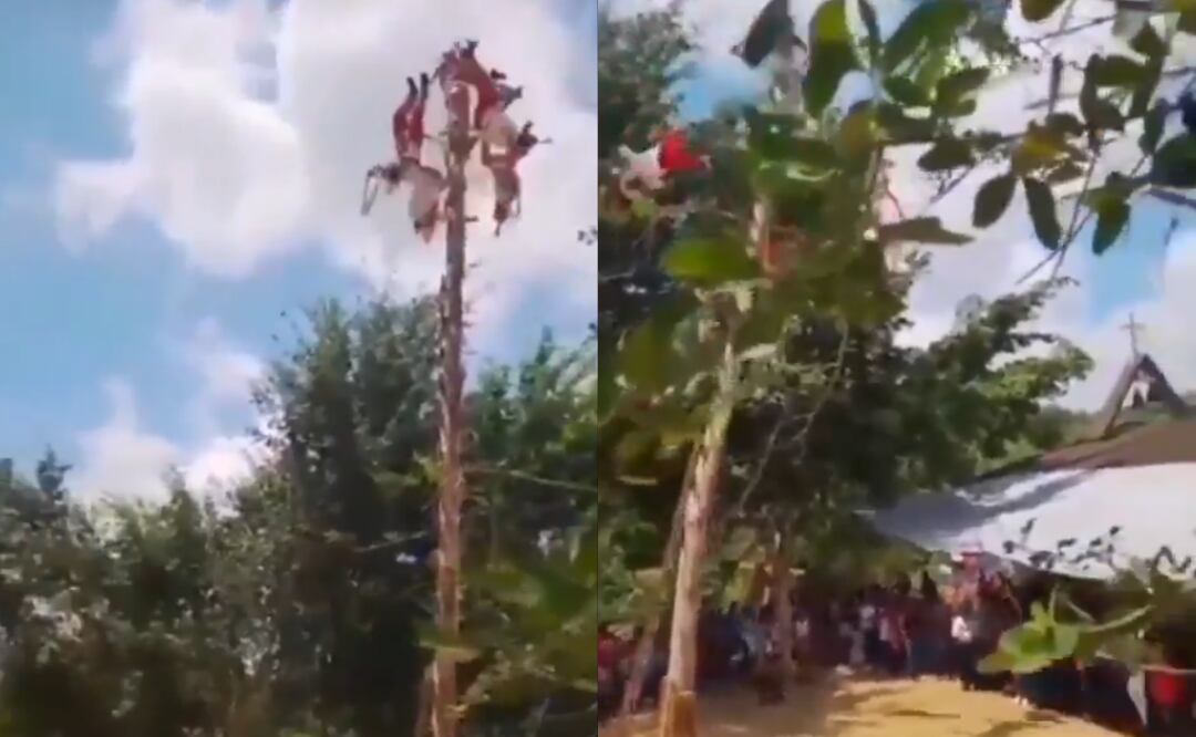El palo de donde descendían los voladores de Papantla en Veracruz, se rompió ocasionando que estos cayeran (27/06/2025). Foto: Captura de video