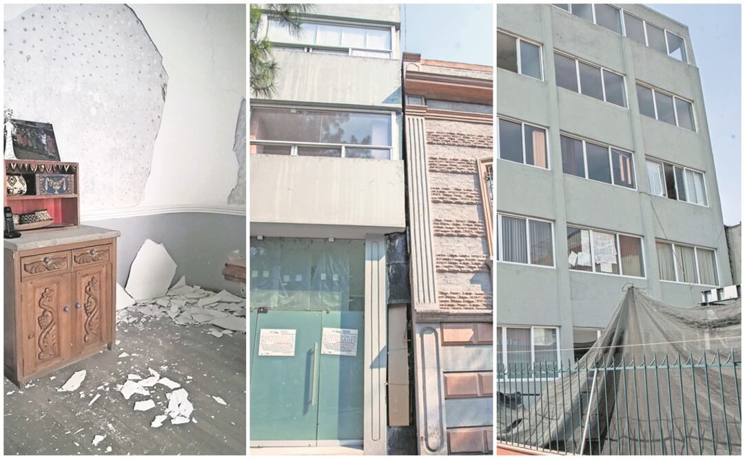 Un dictamen de 2015 confirma que la casa de Tonalá 18 tiene fisuras, agrietamientos y cuarteaduras en los muros que colindan con un edificio, en el que las obras que realizan le han causado deformaciones de estructura. Foto: CAMILA MATA. EL UNIERSAL