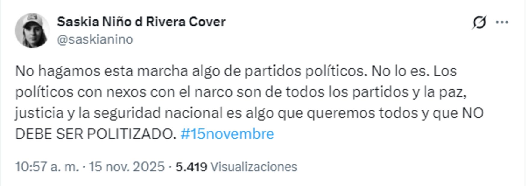 Publicación de Saskia Niño de Rivera en X. Foto: X