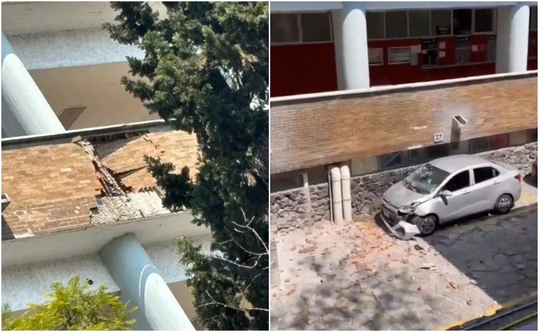 Parte de fachada de Facultad de Medicina en Ciudad Universitaria cae sobre automóvil estacionado. Foto: Especial