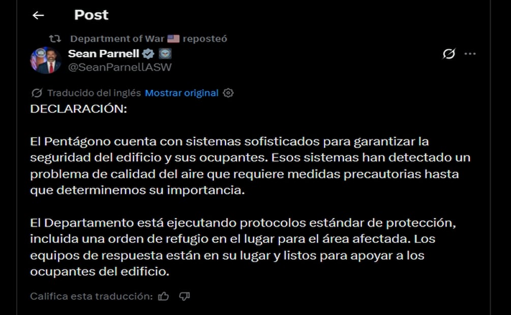 El portavoz de la agencia militar, Sean Parnell, confirmó que los sistemas del gran complejo en las cercanías de Washington "han detectado un problema de calidad del aire que requiere medidas de precaución hasta que determinemos su alcance". Foto: Tomada de X / Vía @SeanParnellASW
