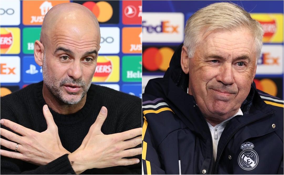 Pep Guardiola y Carlo Ancelotti en conferencia de prensa. FOTO: ESPECIAL