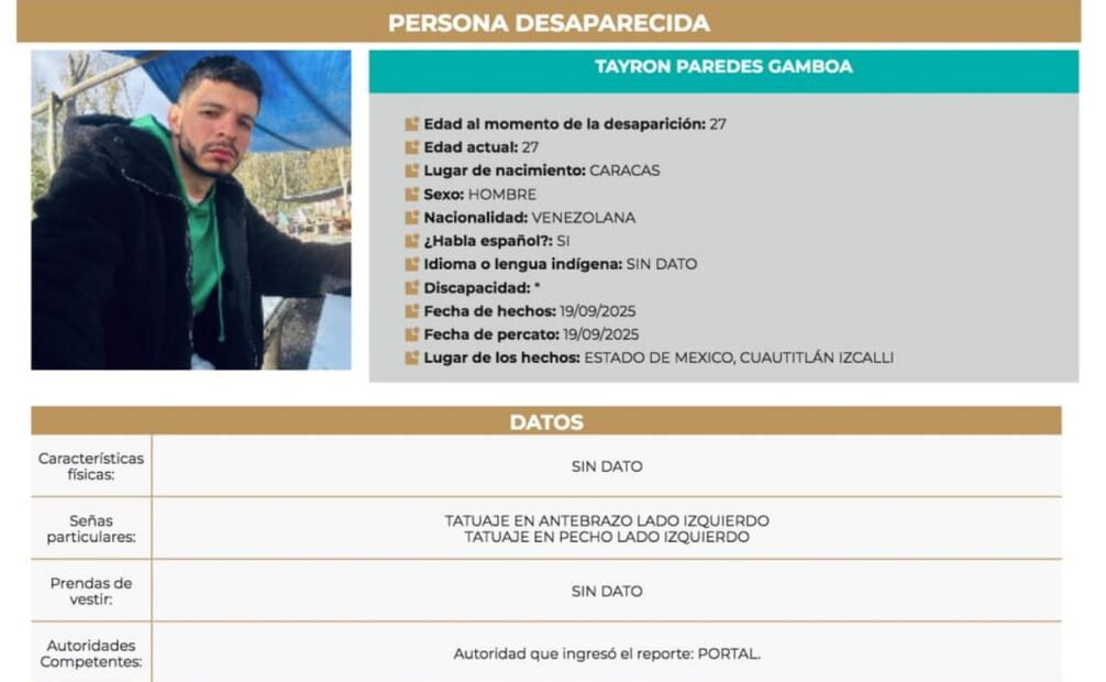 Tayron fue visto por última vez el viernes 19 de septiembre de 2025
Foto: Especial.