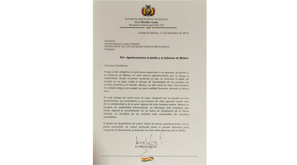 Carta de Evo Morales, expresidente de Bolivia, dirigida al presidente de México, Andrés Manuel López Obrador / Tomada de Twitter @maximilianoreyz 