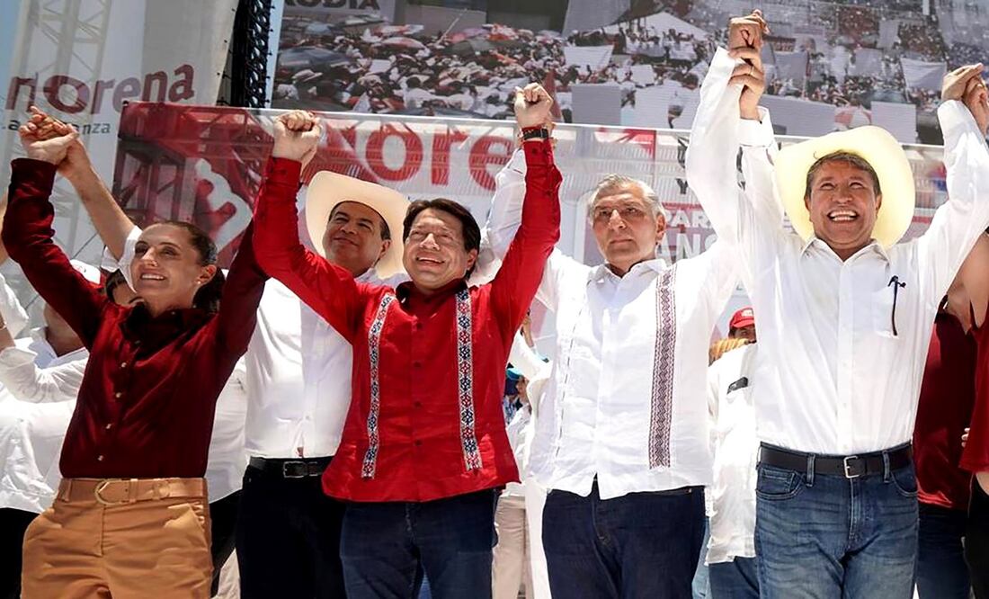 Claudia Sheinbaum, Mario Delgado, Adán Augusto López y Ricardo Monreal participaron en una “asamblea informativa” organizada por Morena en Coahuila. Foto: Especial.