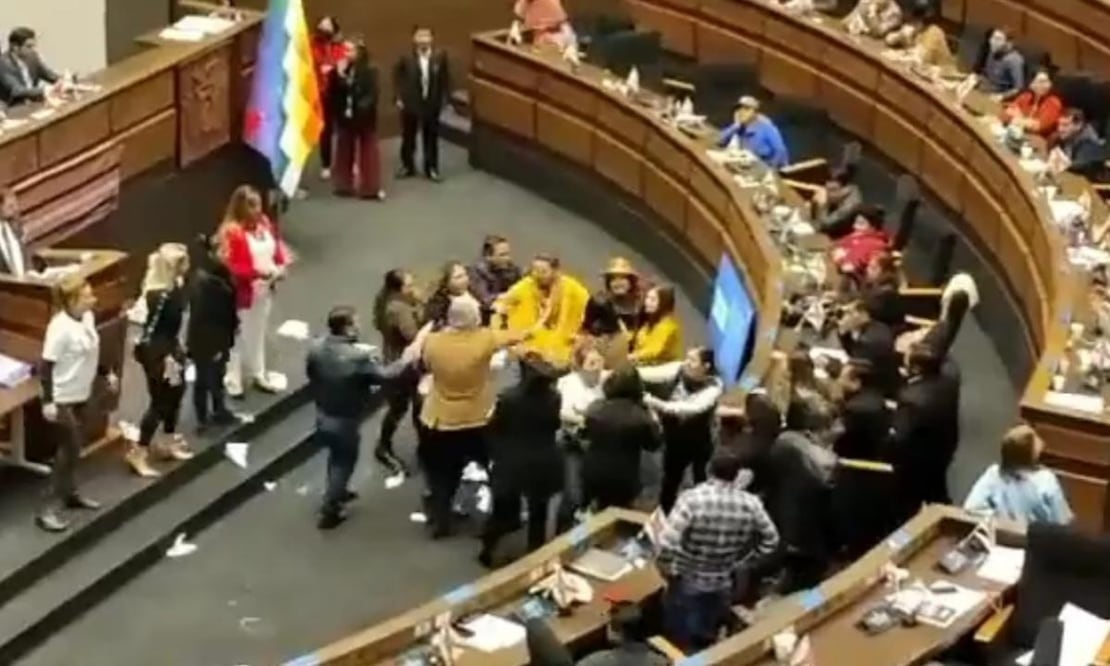 Momento de la pelea en el parlamento de Bolivia. Foto: Captura de video