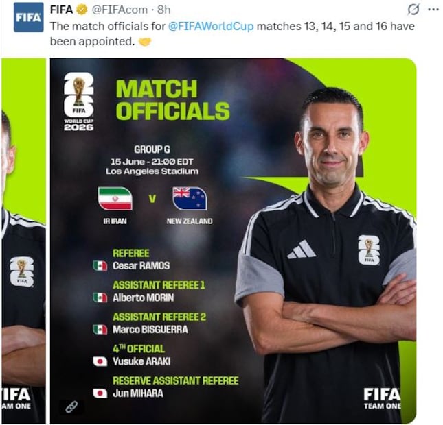 FIFA anunció el partido que pitará César Ramos / Foto: @FIFA