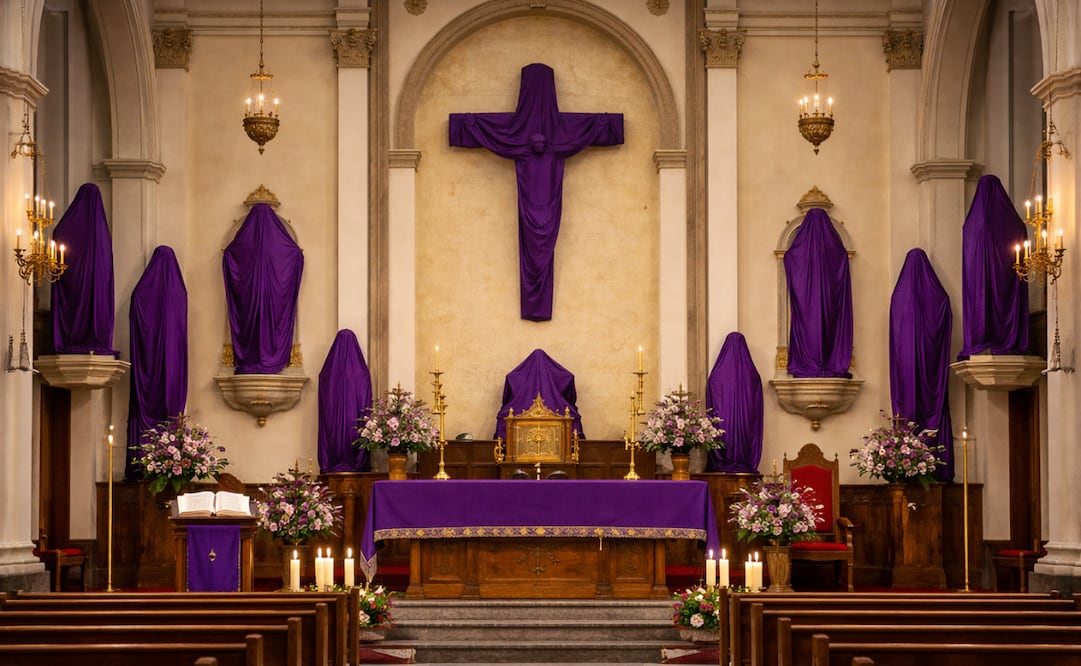 Semana Santa 2026: ¿por qué se cubren los santos con tela morada en Cuaresma y Semana Santa?; conoce su significado. Foto: Imagen creada con IA