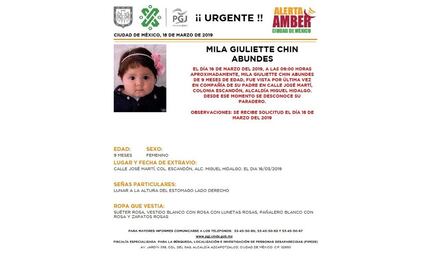 Activan Alerta Amber para localizar a Mila Giuliette Chin Abundes