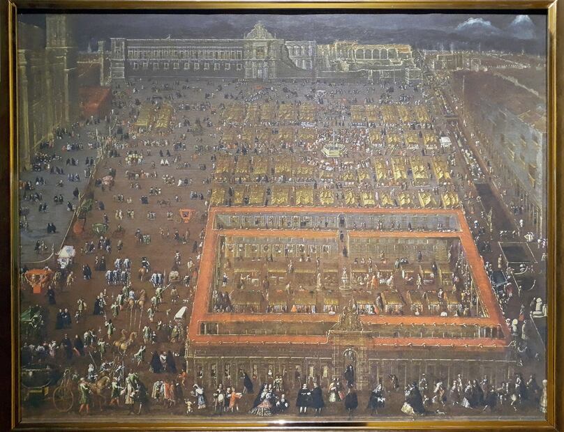 Vista general de la Plaza Mayor de la Ciudad de México durante la época del Virreinato, en una pintura de Cristóbal de Villalpando.