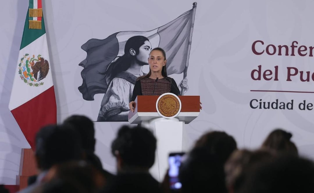 Presidenta Claudia Sheinbaum durante su conferencia de prensa desde Palacio Nacional este 18 de agosto del 2026. Foto: Gabriel Pano / EL UNIVERSAL