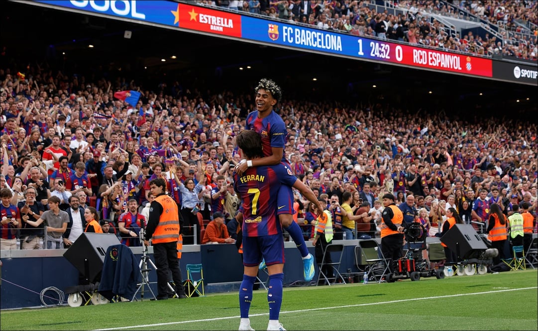 Lamine Yamal festeja contra el Espanyol / Foto: AP