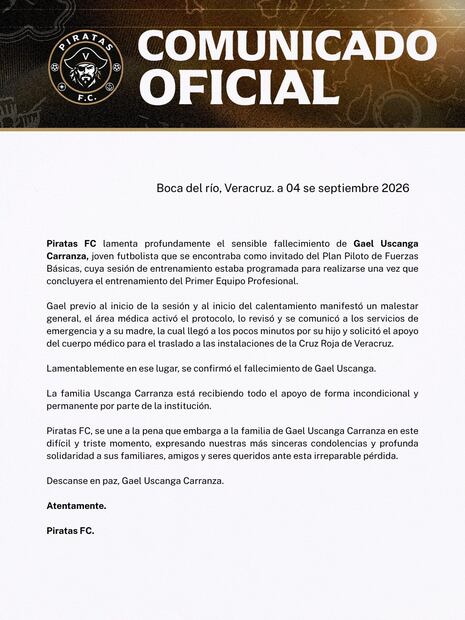 Comunicado de Piratas FC por muerte de su jugador / Foto: @Piratasfutbolfc en X