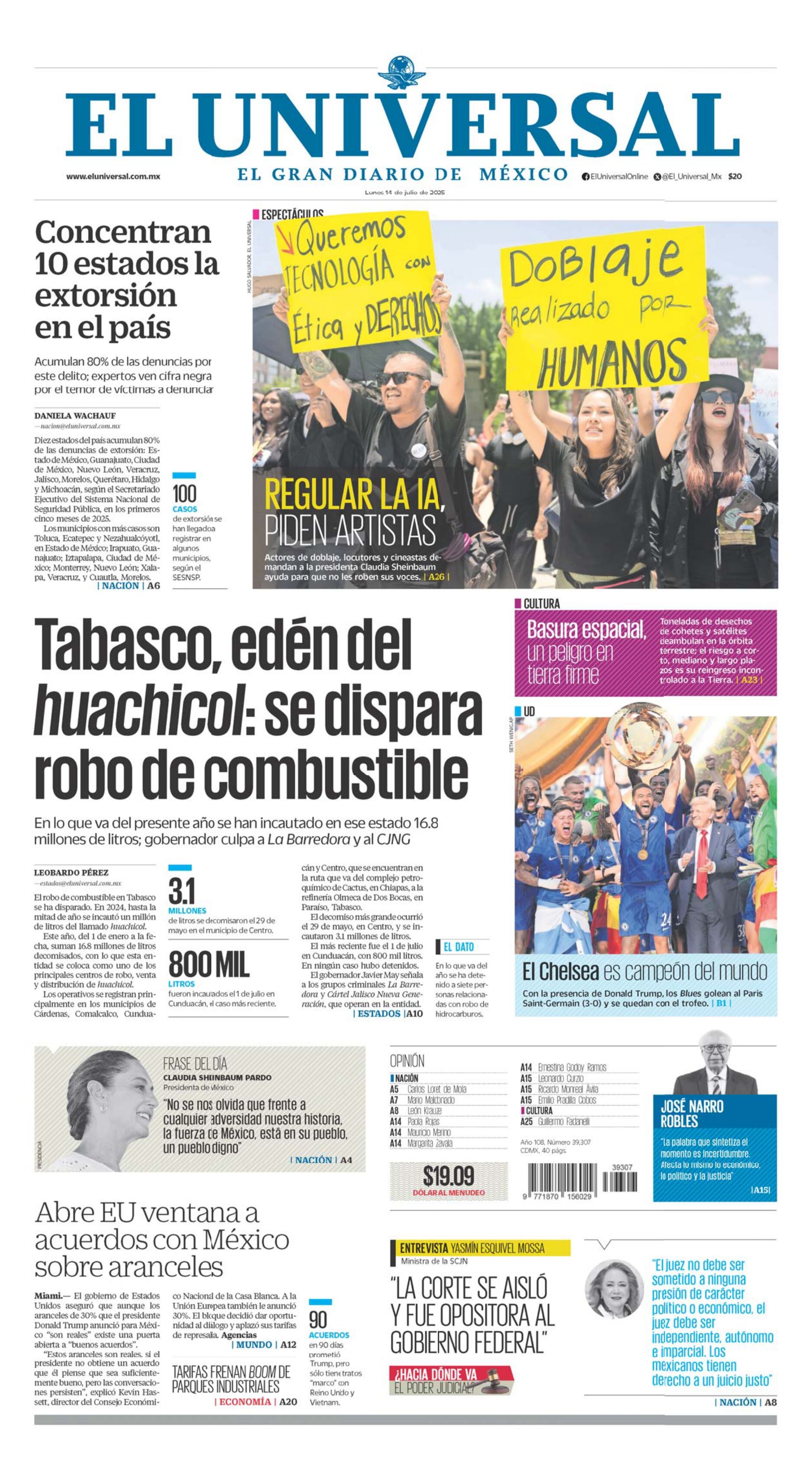 Portada impresa del 14 de julio de 2025