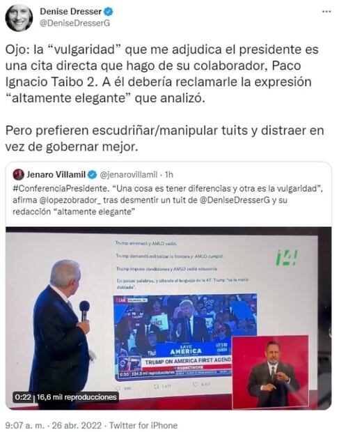 AMLO exige a Denise Dresser disculpa por "vulgaridad" de "se la metió doblada"; ella sube foto de Taibo II