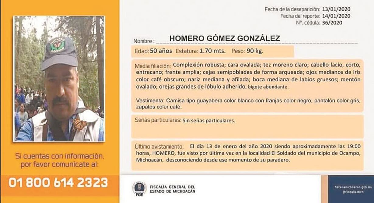 La fiscalía de Michoacán emitió la ficha del activista para coadyuvar en su búsqueda, a la que se han sumado cerca de 200 voluntarios. ESPECIAL