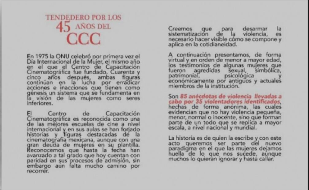 Denuncian violencia de género en el Centro de Capacitación Cinematográfica con tendedero