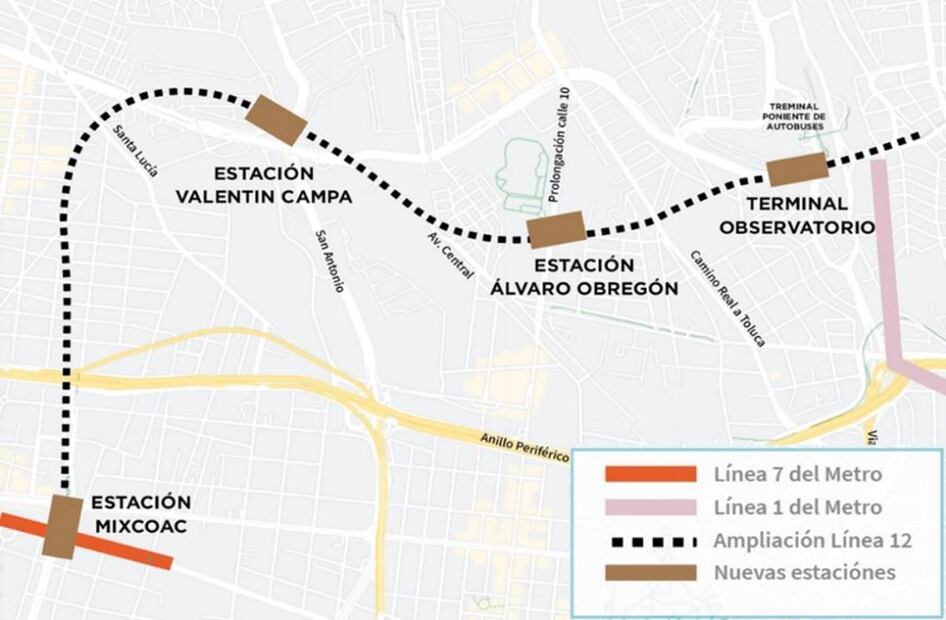 Aunque en este plano el norte geográfico está a lado derecho y el poniente al lado de arriba, se aprecia la proyección de las estaciones que conectarán Mixcoac con Observatorio. Con el proyecto, la Línea 12 sería la de mayor extensión del Sistema de Transporte Colectivo de la CDMX, con 28.3 km en total. Imagen: FONADIN.