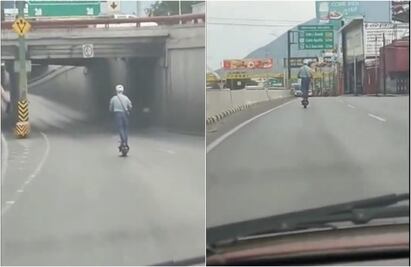 Se lo lleva el "diablo": Captan a regio viajando en vía de alta velocidad en “scooter”