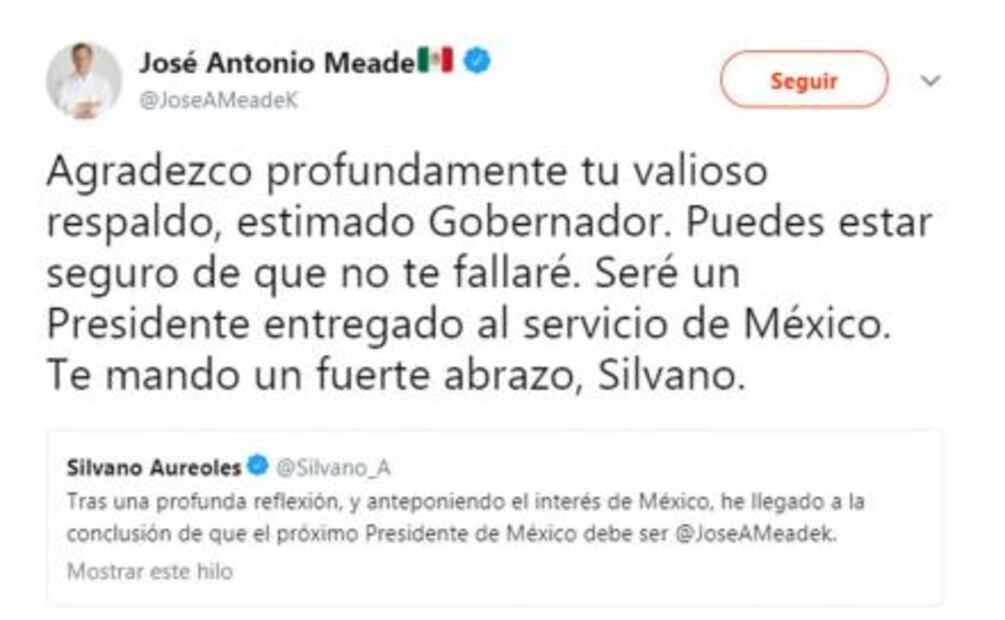 "Puedes estar seguro de que no te fallaré", responde Meade a Aureoles