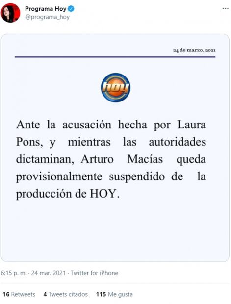 "Hoy" suspende a Arturo Macías, señalado de abuso sexual por la actriz Laura Pons