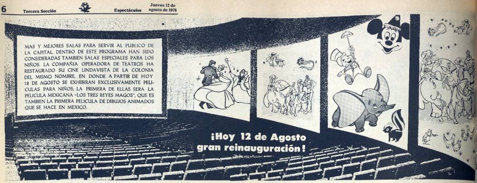 Anuncio de reinauguración del cine infantil Lindavista, el 12 de agosto de 1976. Foto: Hemeroteca EL UNIVERSAL.