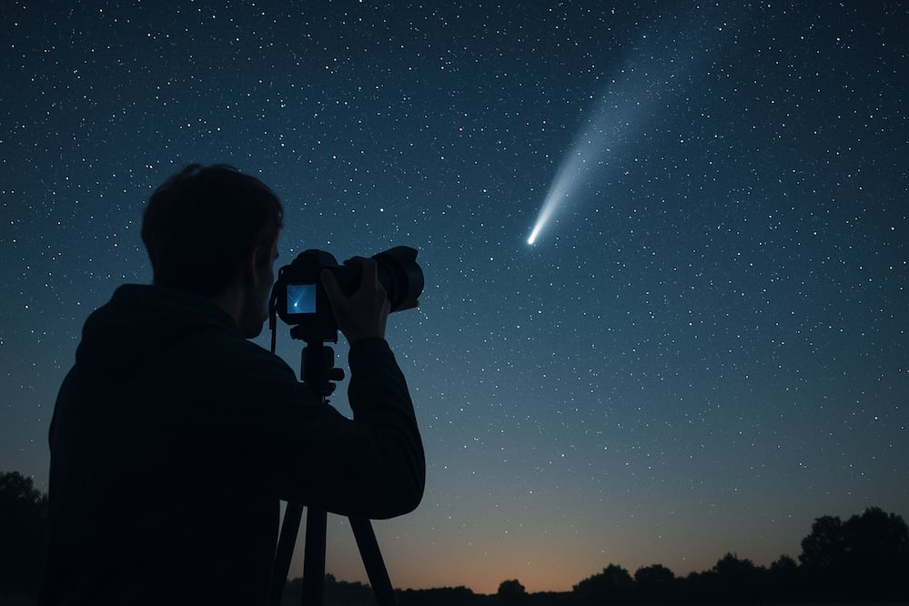 Conoce estos consejos prácticos para poder fotografiar el Cometa Lemmon este fin de semana. Foto: Creada con IA (ChatGPT)