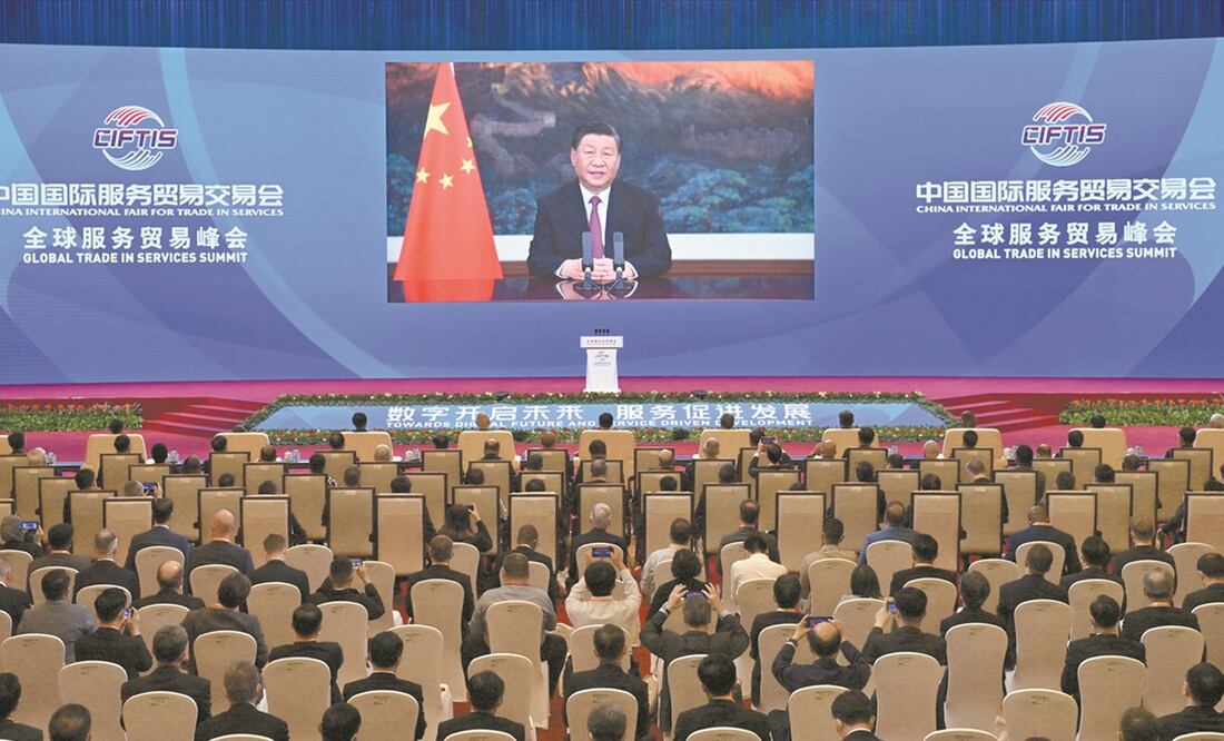 El presidente chino, Xi Jinping, en un discurso vía remota en la Cumbre Mundial de Comercio de Servicios de la Feria Internacional de Comercio de Servicios de China 2021. Foto: Yue Yuewei. Xinhua