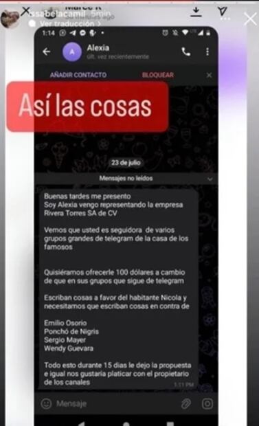 Este es el mensaje que compartió Issabela y con el que habría exhibido la presunta compra de apoyo al peruano. Foto: Instagram