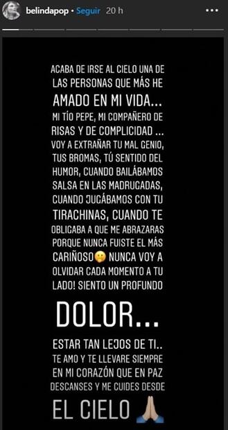 Belinda lamenta muerte de su tío en España