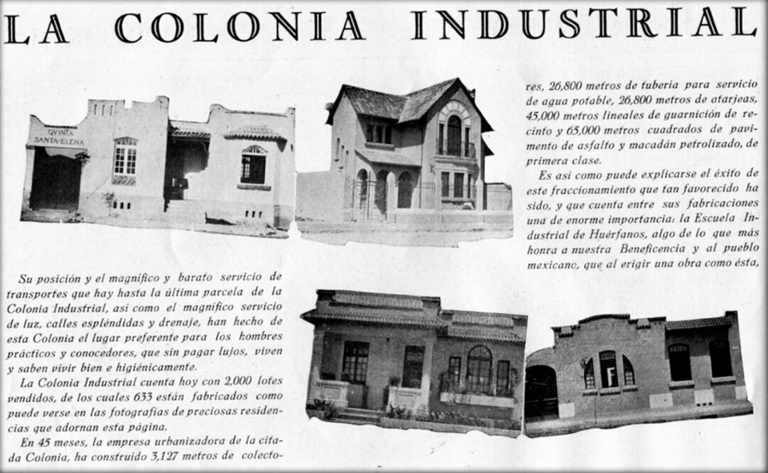 Publicidad de los años treinta de la naciente colonia Industrial, ofreciendo la oportunidad de adquirir un terreno en una ubicación privilegiada, con todos los servicios, incluyendo luz y drenaje. Imagen: Col. Villasana -Torres