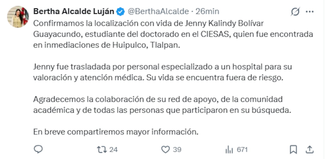 Localizan con vida a Jenny Kalindy Bolívar Guayacundo. Foto: Captura de pantalla