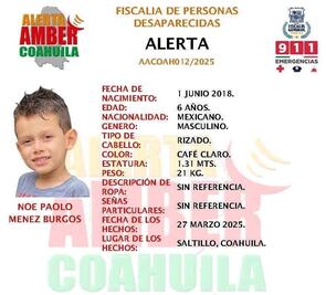 Activan alerta AMBER para Noé Paolo; desapareció en Saltillo, Coahuila