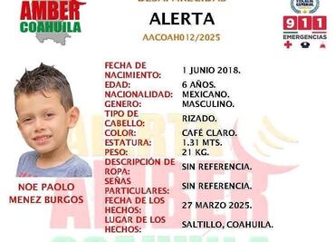 Activan alerta AMBER para Noé Paolo; desapareció en Saltillo, Coahuila