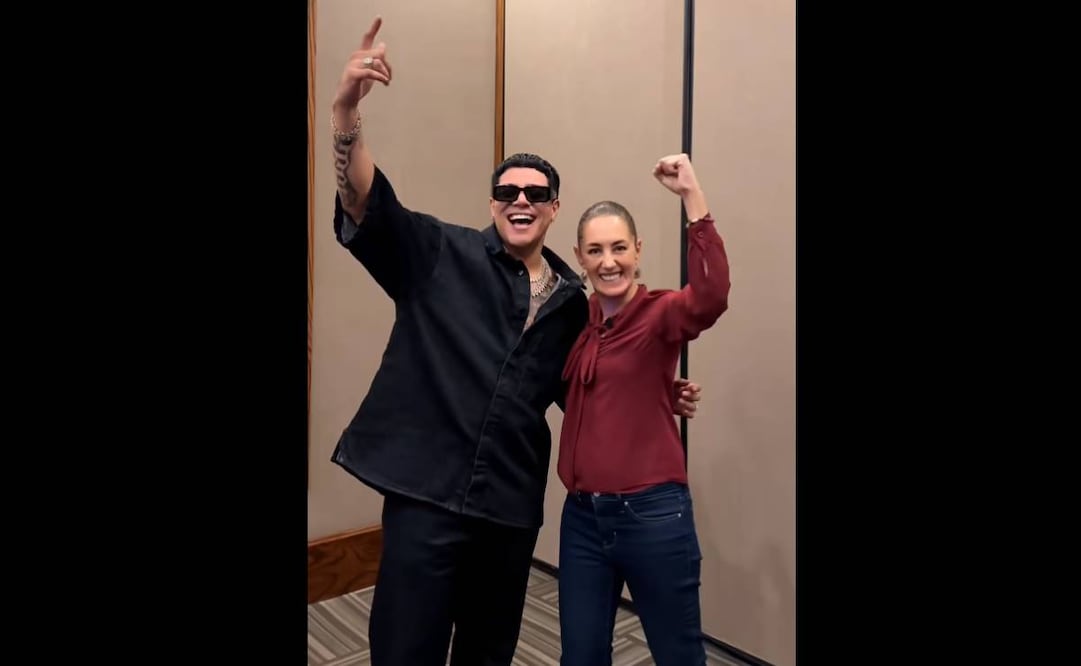 Claudia Sheinbaum junto a Eduin Caz de Grupo Firme en evento de Morena en Baja California / Captura de pantalla