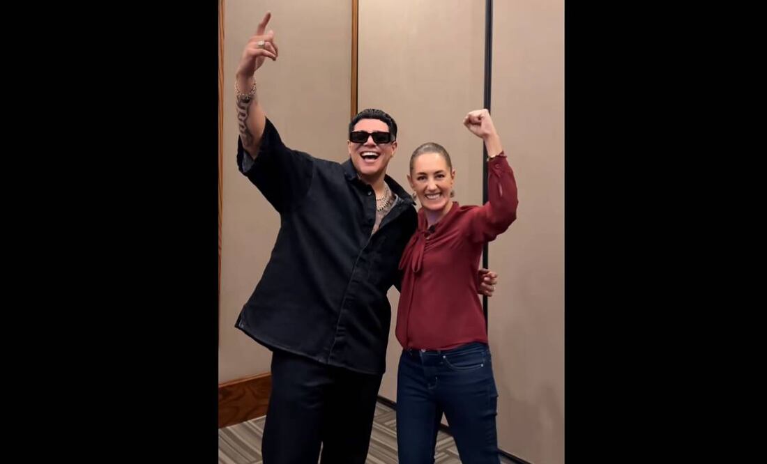 Claudia Sheinbaum junto a Eduin Caz de Grupo Firme en evento de Morena en Baja California / Captura de pantalla