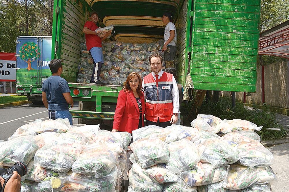 A nombre de la Cámara Alta, la secretaria de la Mesa Directiva, Lorena Cuéllar (PT), hizo la entrega formal de más de 2 mil 380 despensas. (SENADO)