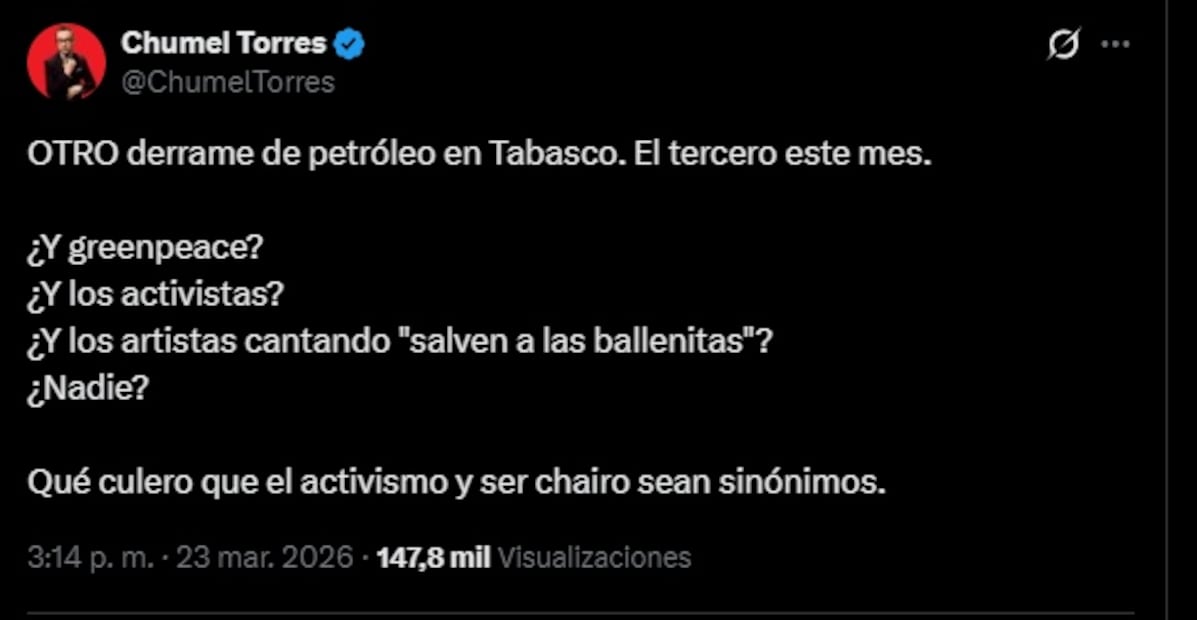 Chumel Torres reaccionan a derrame de petróleo en Golfo de México. Foto: Captura de pantalla