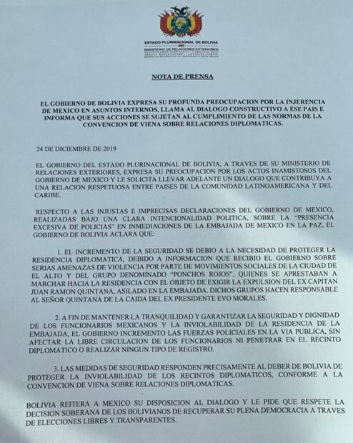 Bolivia niega amago a embajadora; acusa injerencia del gobierno de México