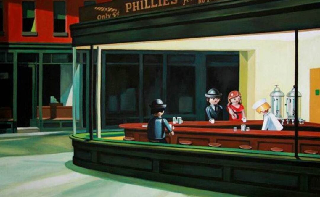 La célebre obra "Nighthawks" (1942) del artista estadounidense Edward Hopper fue una de las piezas reinterpretadas por Pierre-Adrien Sollier. FOTO: Facebook: Pierre-Adrien Sollier