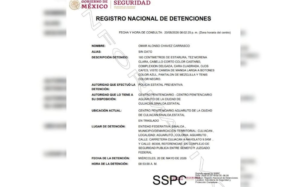 La SSC reportó la detención, en Culiacán, del boxeador Omar Chávez, hijo de Julio César Chávez. | Foto: Captura de pantalla.
