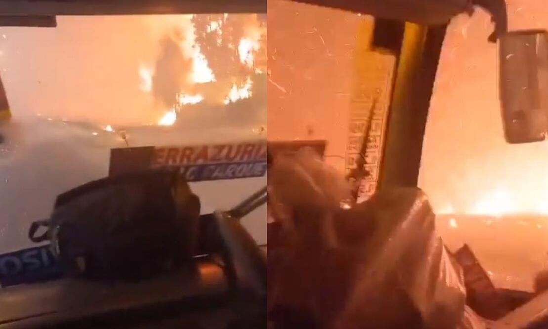 Bus cruza entre las llamas de incendios de Valparaíso, Chile. Foto: Redes sociales