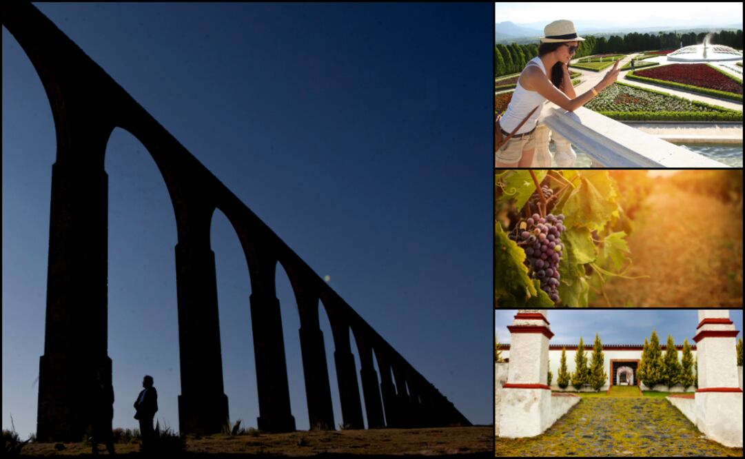 Siguiendo las manecillas del reloj: Jardines de México, Viñedos La Redonda, Hacienda San Diego Baquedano y Arcos del Padre Tembleque (Fotos: Cortesía, Istock, Archivo El Universal)