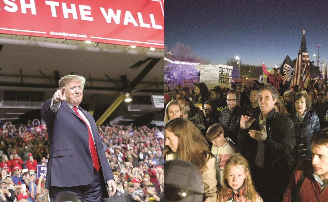 El presidente Donald Trump ofreció un discurso ayer en El Paso, Texas, donde el ex congresista demócrata Beto O'Rourke (der.) participó en una manifestación contra la política del mandatario. (FOTOS: LEAH MILLIS Y LOREN ELLIOTT. REUTERS)
