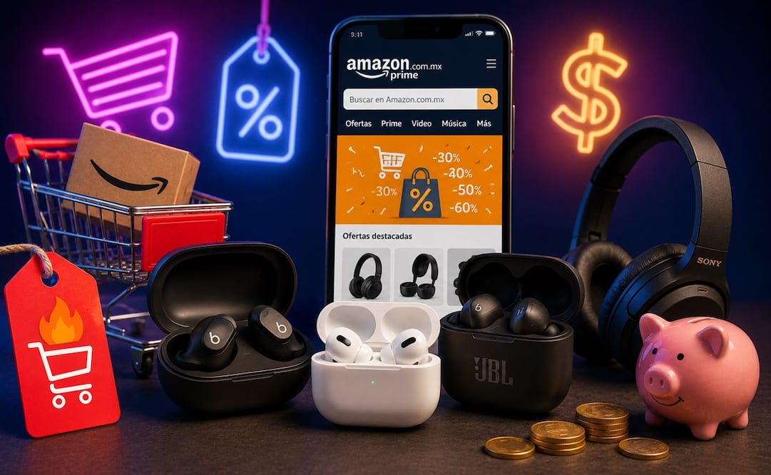 Durante el Hot Sale 2026, Amazon México lanzó promociones en audífonos inalámbricos. Foto: IA