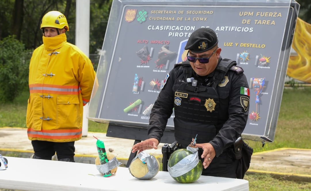Agrupamiento Fuerza de Tarea de la Secretaría de Seguridad Ciudadana (SSC), en una demostración este 8 de septiembre del 2026, de los daños que causa la pirotecnia. Foto: Juan Carlos Williams / EL UNIVERSAL