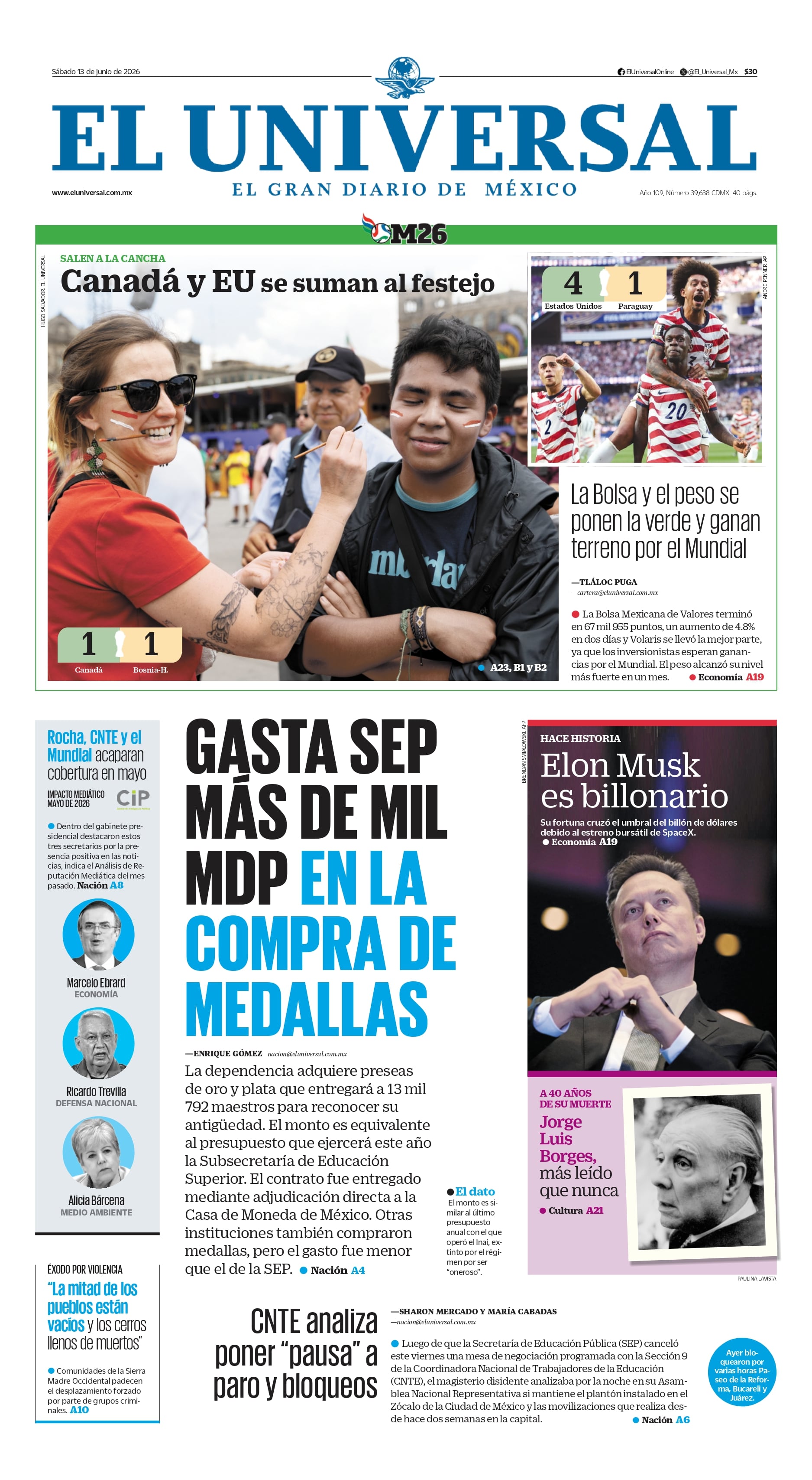 Portada impresa del 13 de junio de 2026