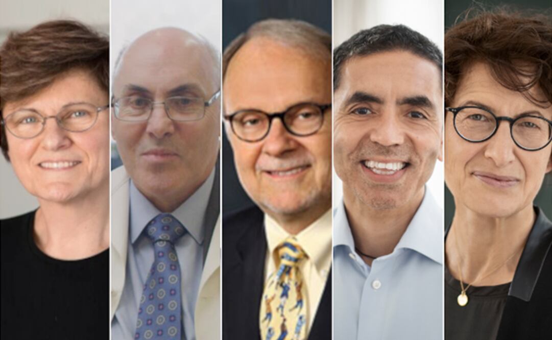 Katalin Karikó (bioquímica), Drew Weissman (inmunólogo), Philip Felgner (inmunólogo), Uğur Şahin (médico), Özlem Türeci (médico), ganadores del Princesa de Asturias. Foto: Fundación Princesa de Asturias