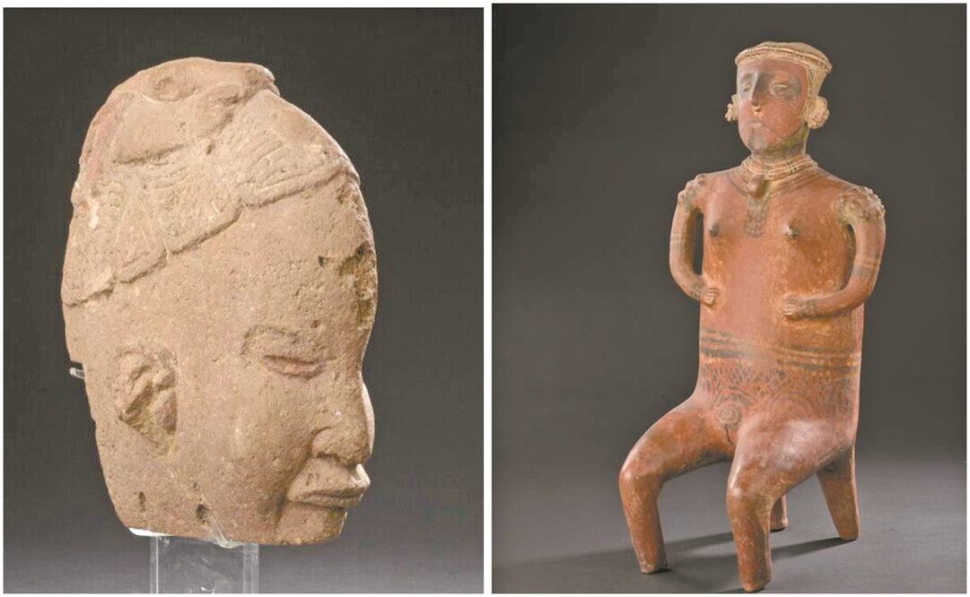El lote 43, un hacha que representa el rostro de un dios de la región veracruzana, logró 68 mil pesos. La escultura de una mujer sentada en un banco fue el lote 47. Fotos: drouot.com